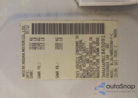 2012 Nissan Maxima 3.5 Sv z USA, uszkodzony, nr VIN 1N4AA5AP8CC865091